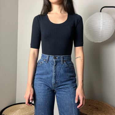 vintage 90s wolford navy blue knit scoop neck bodysuit top 
