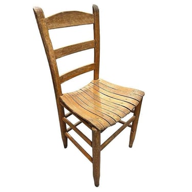 Antique Weathered Ladder Back Slat Seat Wooden Side Chair 