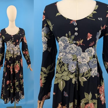 Vintage 90s Jeffrey & Dara Long Sleeve Black Rayon Floral Print Midi Dress - Nineties Size 6 Whimsical Mid Length Dress 