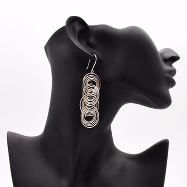 Long 80's sterling spirals mystic hippie dangles, handcrafted 4 rows of 925 silver geometric earrings 