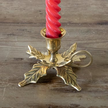 Brass Poinsettia Leaf Chamberstick, Solid Brass Holly Leaf Candle Holder for the Holidays, Christmas Candle Holder 
