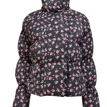 Something Navy - Black & Pink Floral Print Puffer Jacket Sz XS