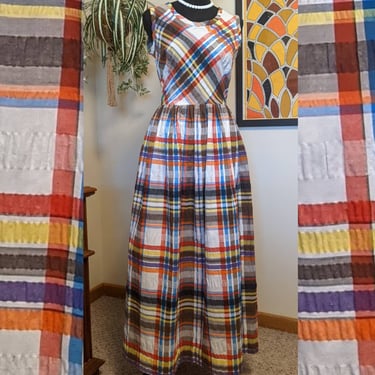 Vintage 1970s Multicolor Plaid Seersucker Sleeveless Maxi Dress by Toni Todd 