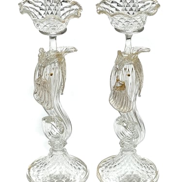 Salviati Hand-Blown Venetian Full-Figural Dolphin Candlesticks