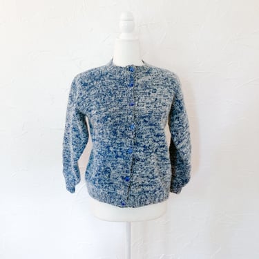 60s Fuzzy Mohair Space Dye Blue and White Hand Knit Cardigan | Small/Medium/Large 
