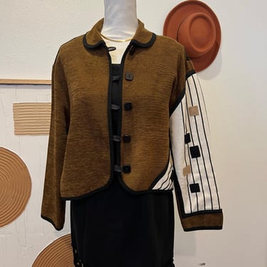 Brown Black Cozy Soft Abstract Patchwork Cropped Square Button Jacket - Small 