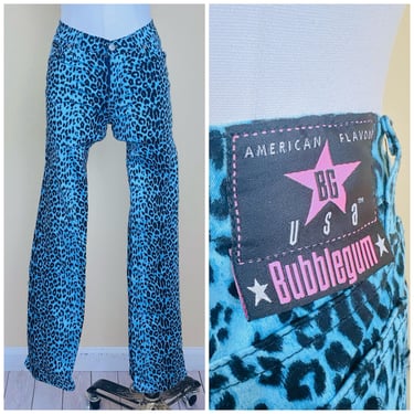 Y2K Bubblegum Leopard Print Jeans / Vintage Blue Animal Print Spandex Low Rise Pants / Small 