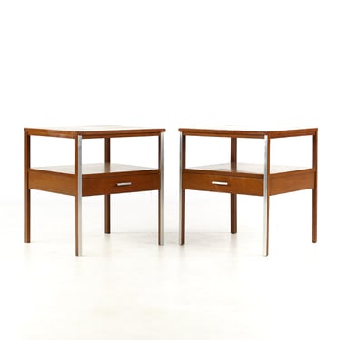 Paul McCobb for Calvin Linear Mid Century Walnut and Stainless Steel Nightstands - Pair - mcm 