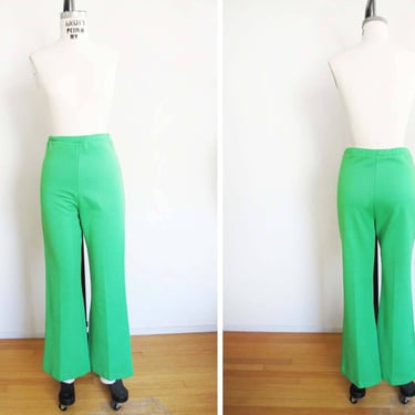 Vintage 70s Bright Green Polyester Pants 29 30 - 1970s Neon Slime Green High Waist Trousers Flare Leg 