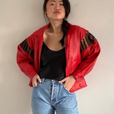 90s red leather bomber jacket / vintage red leather tiger ponyhair cropped double breasted moto motorcycle bomber jacket | Medium 