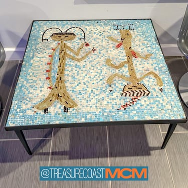 Mid Century Mosaic Tile Table / In the style of Evelyn Ackerman / blue white native american motif / MCM Boho / Shipping Not Included 