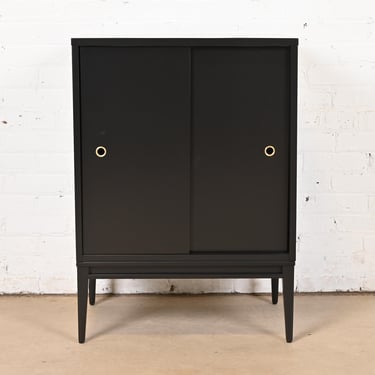 Paul McCobb Planner Group Black Lacquered Cabinet With Sliding Doors, Newly Refinished