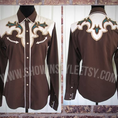 Vintage Western Retro Women's Cowgirl Western Shirt by LifeStyle, Rodeo Queen Blouse, Brown &amp; Turquoise, Tag Size Medium (see meas. photo) 