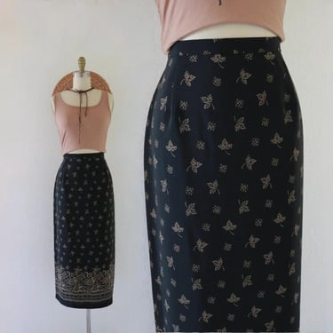 black floral skirt - 27.5-29 - vintage 90s y2k womens size small botanical foliage fall skirt 