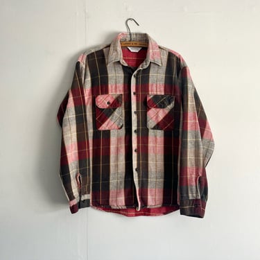 Vintage 70s Five Brother All Cotton Flannel Red Pink Plaid Size L 