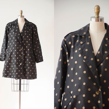 black polka dot jacket | 90s vintage black gold loose oversized waterproof swing coat rain coat 