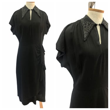 Vintage VTG 1940s 40s Black Crepe Beaded Draped Dress 