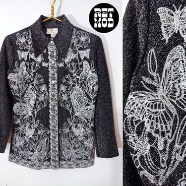 Sparkly Vintage 60s 70s Black Silver Lurex Metallic Thread Collared Long Sleeve Shirt with Butterfly Border Print 