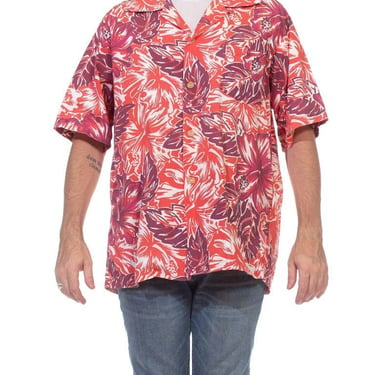 1940S Red  Burgundy Hawaiian Cotton Leaf Print Shirt 