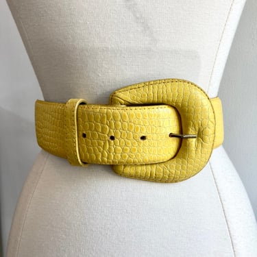 Vintage 80s Wide FAUX CROC Leather Statement Belt / Lemon Yellow / Nordstrom 