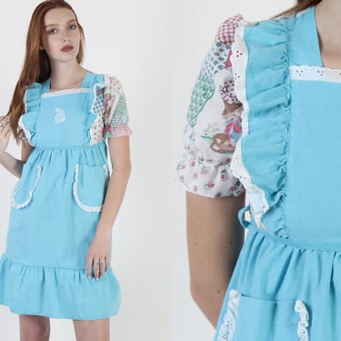 Holly Hobbie Character Folk Dress / White Country Sunbonnet Print Dress / Homespun Prairie Cottage Fairytale Mini Pinafore 