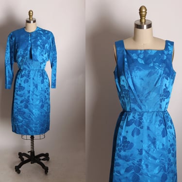 1950s Blue Floral Brocade Sleeveless Wiggle Dress with Matching 3/4 Length Sleeve Jacket Outfit -S 