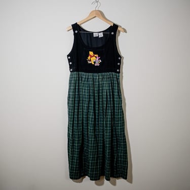 1990s Disney Winnie the Pooh Sleeveless Tartan Plaid Green and Black Dress - Size Medium 