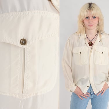 Cream Silk Blouse 90s Semi-Sheer Hidden Button Up Top Retro Long Sleeve Shirt Basic Chest Pocket Simple Plain Vintage 1990s Lizwear Medium M 