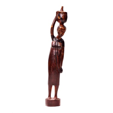 VINTAGE: 15.5" Hand Carved Wood Statue - Ethnic Woman with Basket on Head - SKU 23-E-00013262 