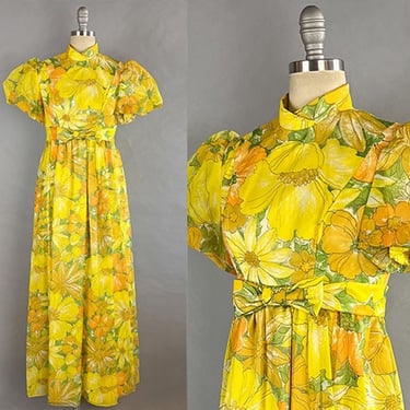 1960s Emma Domb Dress / Yellow Floral Print Dress / Empire Waist Puffed Sleeve Gown by Emma Domb / Yellow Chiffon Dress / Size Medium 