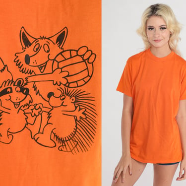 Sports Animals Shirt 80s Cute Cartoon T-Shirt Porcupine Racoon Coyote Graphic Tee Volleyball TShirt Orange Single Stitch Vintage 1980s Large 