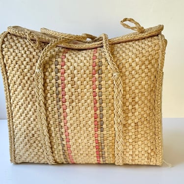 1970s Large Woven Straw Rectangular Top Handle Basket  - Vintage Home and Craft Storage 