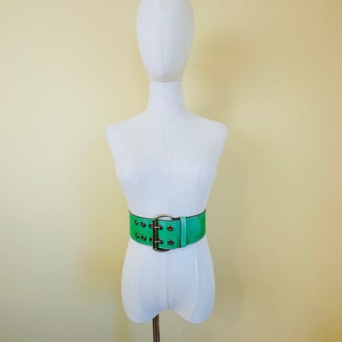 1980s Vintage Green Leather Corset Belt / Via Uno Rocker Waist Cincher / Small - Medium 