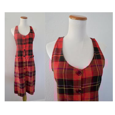 Vintage Red Plaid Dress -90s Button Up Sleeveless Jumper - Size Petite Medium 