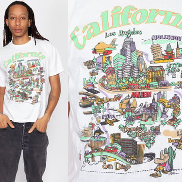 Med-Lrg 90s Southern California Cartoon Map T Shirt | Vintage Los Angeles Graphic Tourist Tee 