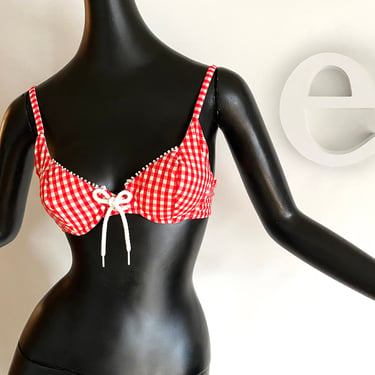 Vintage 80s 90s Rockabilly Bikini Top | Sexy Red & White Gingham Stretch w/ Rope Tie Swimsuit | Daisy Dukes Music Festival Outfit Wear | SM 