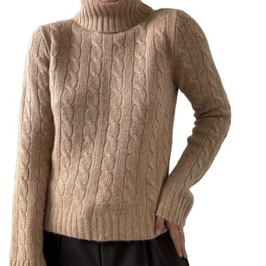 Vintage J Crew Womens Tan Cable Knit Alpaca Angora Blend Turtleneck Sweater Sz M 