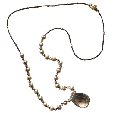 Danielle Welmond |  Woven Brown Silk Cord with Taupe Pearls, Pyrite, Brown Zircon and Smokey Quartz Nugget Drop Necklace