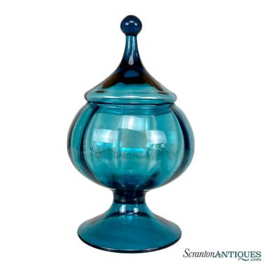 Mid-Century Empoli Italian Turquoise Blue Art Glass Compote Jar w/ Lid