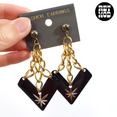 Unique Deadstock Vintage 80s 90s Black & Gold Chain Metal Dangle Statement Earrings 