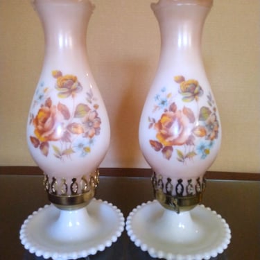 Pair VINTAGE Lamp  Lanterns, Hand Painted Floral Milk Glass, GWT Style, Farmhouse Decor 