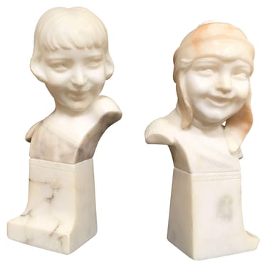 Art Deco Hand Carved Alabaster Boy & Girl Bust, Pair 