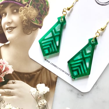 Art Deco Diamond Shaped Green and Gold Earrings | Art Deco Earrings | Geometric Earrings | Vintage Style | Resin Earrings 