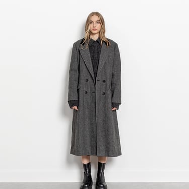 HERRINGBONE WOOL COAT Vintage Grey Checkered Trench Midi Fall 90's / Small Medium 