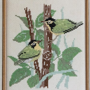 Birds Needlepoint, Cross Stitch Artwork with Two Birds in a Tree, Neutral Wall Hanging, Vintage Wall Art 