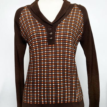 60's Brown & Orange Sweater Shirt Mod Vintage 1960's, 1970's Pullover Unisex Top Hippie Boho Long Sleeves 