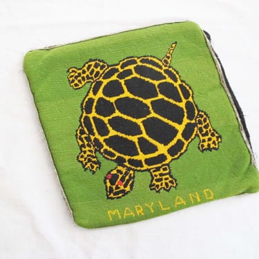 Vintage Maryland Turtle Needlepoint Pillow Cover - 12x12 Square Hand Made Turtle Throw Accent Pillow Cover 