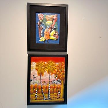 Pair of Haitian Paintings - Vintage MCM Mid Century - Caribbean Island Art 