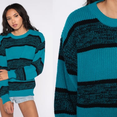 Turquoise Striped Sweater 80s Knit Ringer Sweater Slouch Sweater 1980s Jumper Vintage Pullover Retro Striped Black Medium 