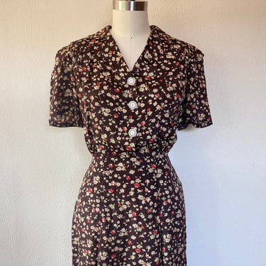 1940s Brown floral rayon dress 